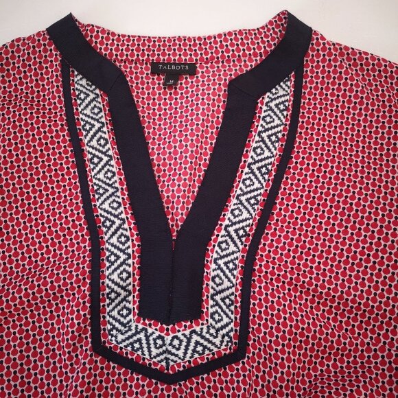 Talbots Ladies V-neck Straight Fit Red & Navy Size Medium Lightweight Blouse - Picture 4 of 10